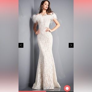 Jovani 06451 Feather Off-Shoulder Allover Lace Mermaid Gown